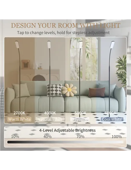 HOMCOM LED Floor Lamp, Standing Lamp with Remote & Touch Control, Stepless Dimmable Colours Temperature & Brightness, 360° Adjus