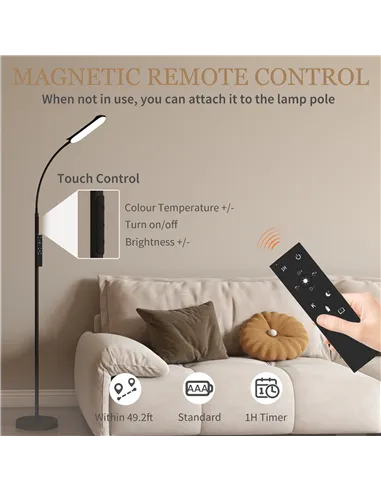 HOMCOM LED Floor Lamp, Standing Lamp with Remote & Touch Control, Stepless Dimmable Colours Temperature & Brightness, 360° Adjus