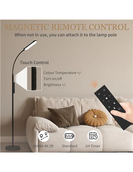 HOMCOM LED Floor Lamp, Standing Lamp with Remote & Touch Control, Stepless Dimmable Colours Temperature & Brightness, 360° Adjus
