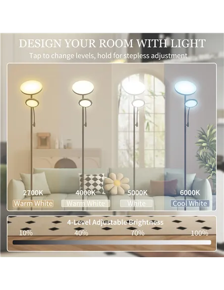 HOMCOM LED Floor Lamp for Living Room, Stepless Dimmable Standing Lamp, Mother and Child Uplighter with Reading Light, 4 Scene M