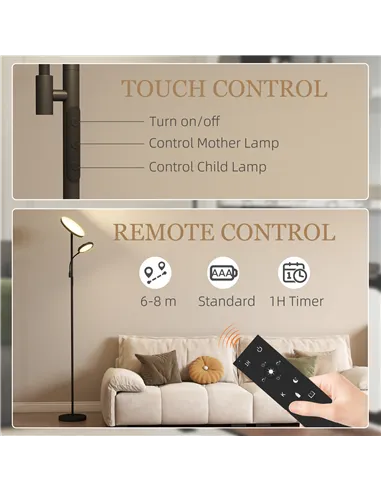 HOMCOM LED Floor Lamp for Living Room, Stepless Dimmable Standing Lamp, Mother and Child Uplighter with Reading Light, 4 Scene M