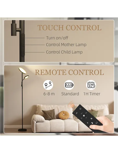 HOMCOM LED Floor Lamp for Living Room, Stepless Dimmable Standing Lamp, Mother and Child Uplighter with Reading Light, 4 Scene M