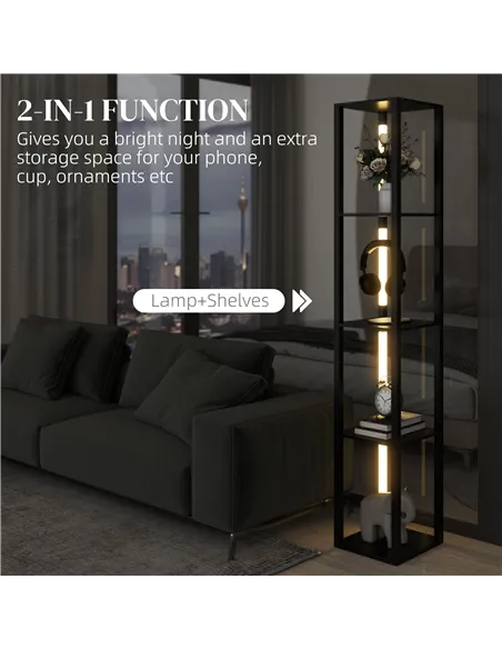 HOMCOM LED Floor Lamp with Shelves, Modern Dimmable Standing Lamp with 3 Brightness Levels and Foot Switch for Living Room, Bedr