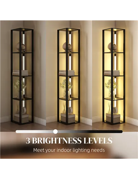 HOMCOM LED Floor Lamp with Shelves, Modern Dimmable Standing Lamp with 3 Brightness Levels and Foot Switch for Living Room, Bedr