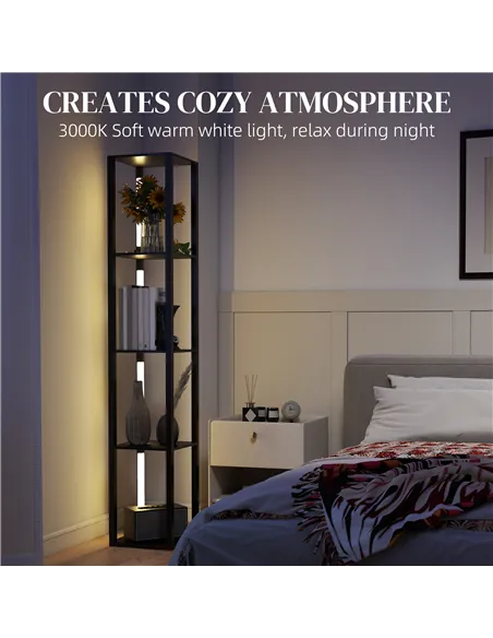 HOMCOM LED Floor Lamp with Shelves, Modern Dimmable Standing Lamp with 3 Brightness Levels and Foot Switch for Living Room, Bedr