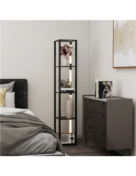 HOMCOM LED Floor Lamp with Shelves, Modern Dimmable Standing Lamp with 3 Brightness Levels and Foot Switch for Living Room, Bedr