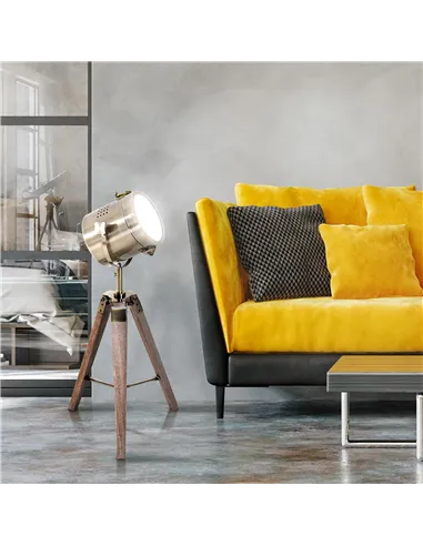 HOMCOM Vintage Tripod Table Desk Lamp Bedside Light Spotlight Brass Antique Searchlight Wooden Base