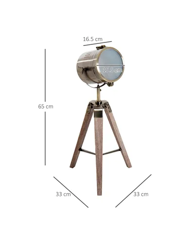 HOMCOM Vintage Tripod Table Desk Lamp Bedside Light Spotlight Brass Antique Searchlight Wooden Base