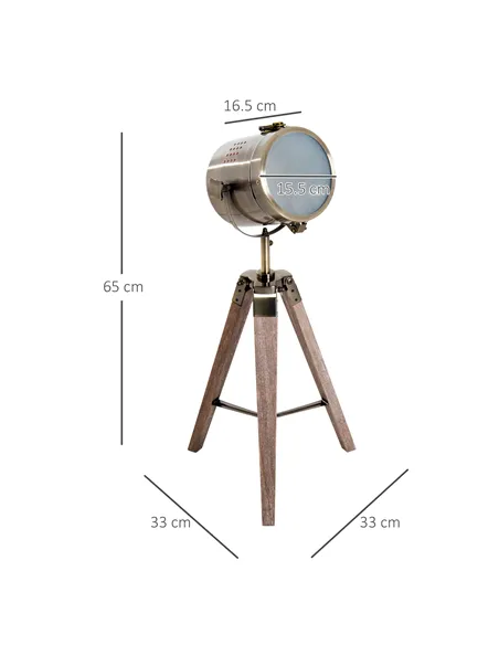 HOMCOM Vintage Tripod Table Desk Lamp Bedside Light Spotlight Brass Antique Searchlight Wooden Base