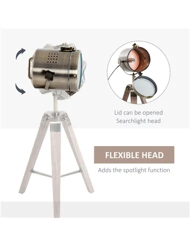 HOMCOM Vintage Tripod Table Desk Lamp Bedside Light Spotlight Brass Antique Searchlight Wooden Base