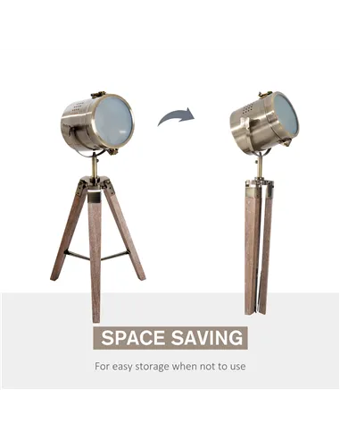 HOMCOM Vintage Tripod Table Desk Lamp Bedside Light Spotlight Brass Antique Searchlight Wooden Base