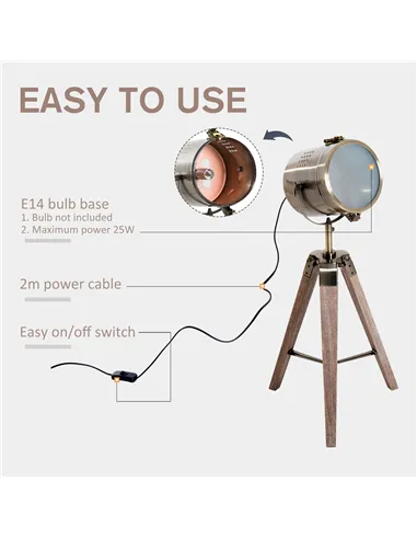 HOMCOM Vintage Tripod Table Desk Lamp Bedside Light Spotlight Brass Antique Searchlight Wooden Base
