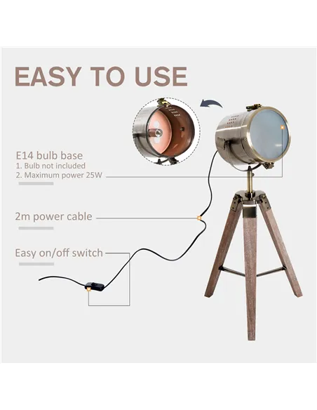 HOMCOM Vintage Tripod Table Desk Lamp Bedside Light Spotlight Brass Antique Searchlight Wooden Base