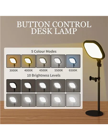 HOMCOM Selfie Light for Video Conference Lighting, Dimmable Desk Lamp with Stand Phone Holder, 5 Colour Modes & 10 Brightness Le