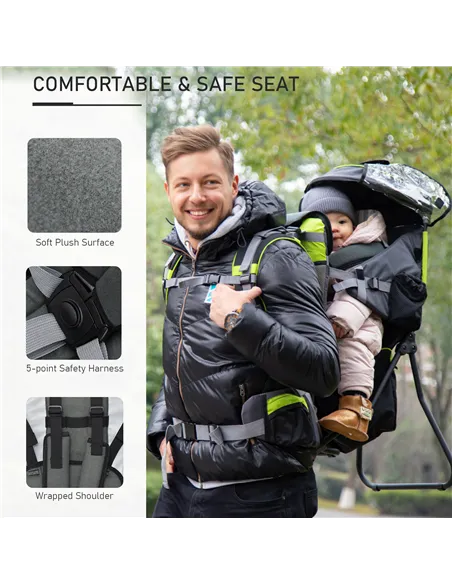 HOMCOM Baby Hiking Backpack Carrier Child Carrier with Ergonomic Hip Seat Detachable Rain Cover Adjustable Straps Stand for Todd