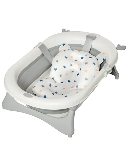 HOMCOM Foldable Baby Bathtub Set, Collapsible Bath Tub with Thermostatic Water Plug, Non-Slip Support, Cushion Pad, Drain Plugs,