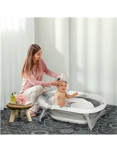 HOMCOM Foldable Baby Bathtub Set, Collapsible Bath Tub with Thermostatic Water Plug, Non-Slip Support, Cushion Pad, Drain Plugs, 2