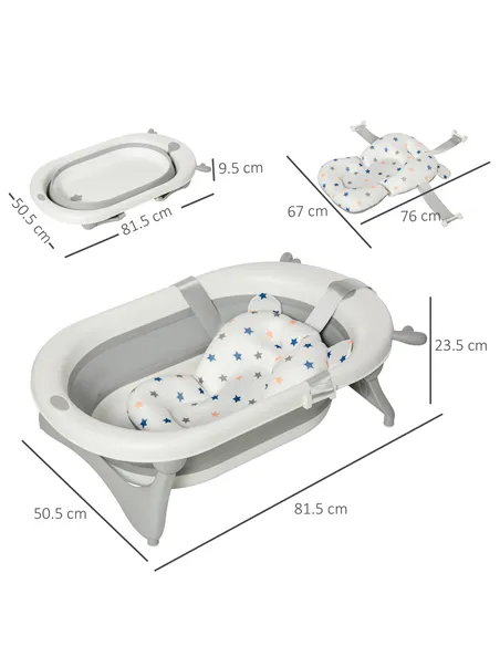 HOMCOM Foldable Baby Bathtub Set, Collapsible Bath Tub with Thermostatic Water Plug, Non-Slip Support, Cushion Pad, Drain Plugs,