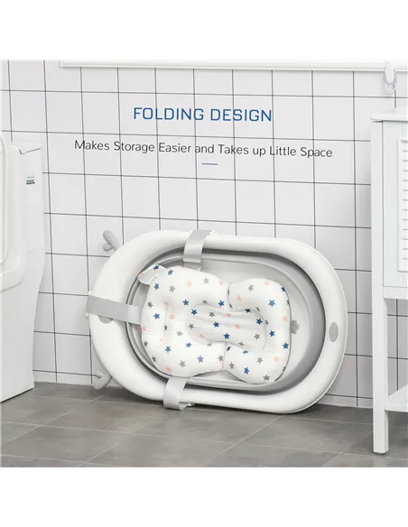 HOMCOM Foldable Baby Bathtub Set, Collapsible Bath Tub with Thermostatic Water Plug, Non-Slip Support, Cushion Pad, Drain Plugs,
