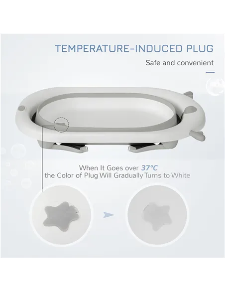HOMCOM Foldable Baby Bathtub Set, Collapsible Bath Tub with Thermostatic Water Plug, Non-Slip Support, Cushion Pad, Drain Plugs,