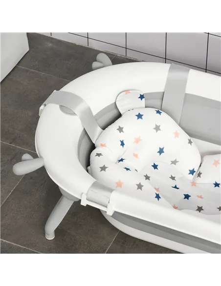 HOMCOM Foldable Baby Bathtub Set, Collapsible Bath Tub with Thermostatic Water Plug, Non-Slip Support, Cushion Pad, Drain Plugs,