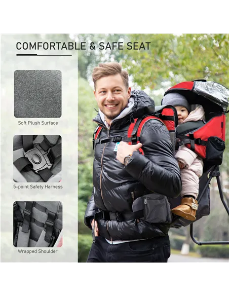 HOMCOM Baby Hiking Backpack Carrier Child Carrier with Ergonomic Hip Seat Detachable Rain Cover Adjustable Straps Stand for Todd