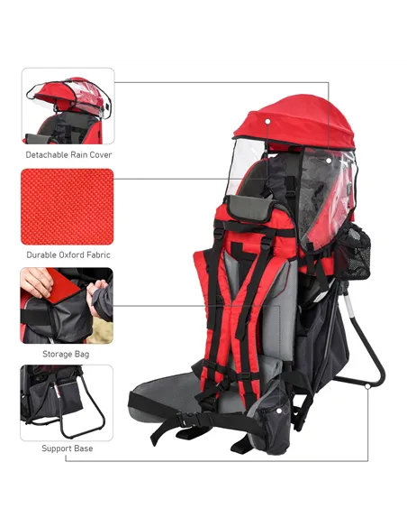 HOMCOM Baby Hiking Backpack Carrier Child Carrier with Ergonomic Hip Seat Detachable Rain Cover Adjustable Straps Stand for Todd