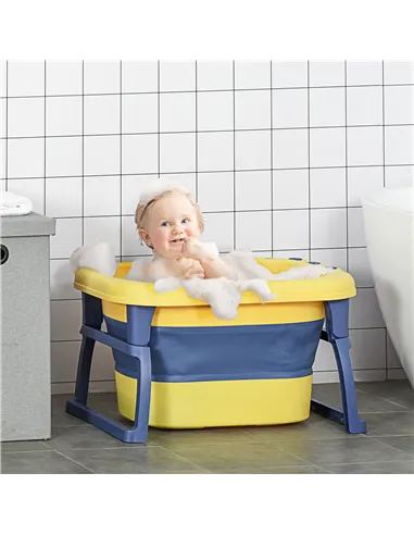 HOMCOM Baby Bathtub for 0-6 Years Collapsible Non-Slip Portable with Stool Seat for Newborns Infants Toddlers Kids - Yellow