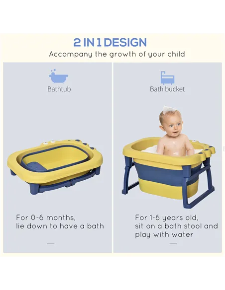 HOMCOM Baby Bathtub for 0-6 Years Collapsible Non-Slip Portable with Stool Seat for Newborns Infants Toddlers Kids - Yellow