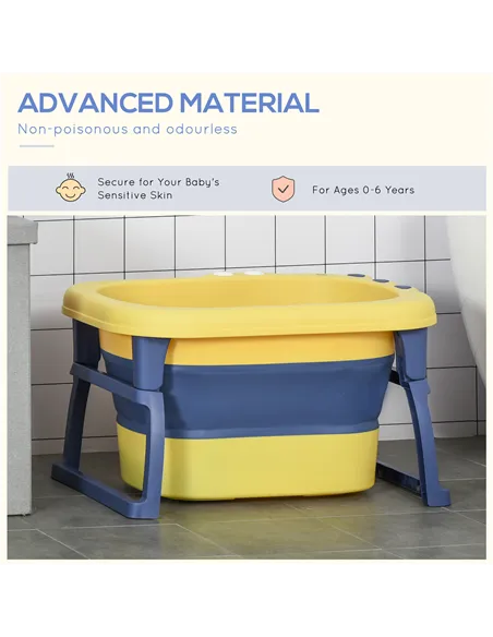 HOMCOM Baby Bathtub for 0-6 Years Collapsible Non-Slip Portable with Stool Seat for Newborns Infants Toddlers Kids - Yellow