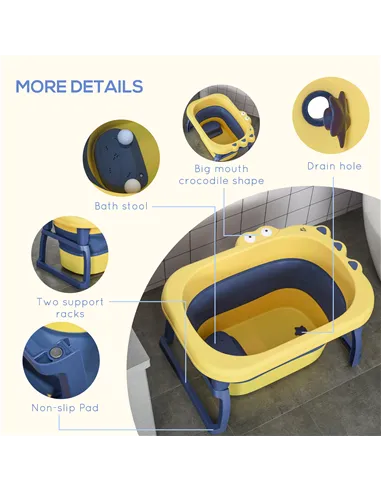 HOMCOM Baby Bathtub for 0-6 Years Collapsible Non-Slip Portable with Stool Seat for Newborns Infants Toddlers Kids - Yellow