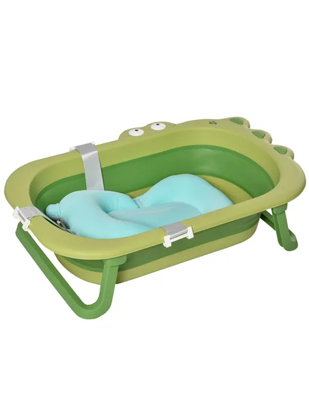 HOMCOM Baby Bath Tub for Toddler Kids Infant Ergonomic Foldable Secure Non-Slip Portable with Baby Cushion for 0-3 Years Green