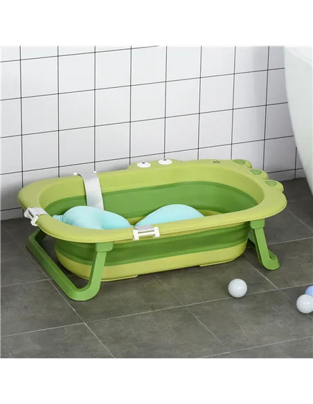 HOMCOM Baby Bath Tub for Toddler Kids Infant Ergonomic Foldable Secure Non-Slip Portable with Baby Cushion for 0-3 Years Green