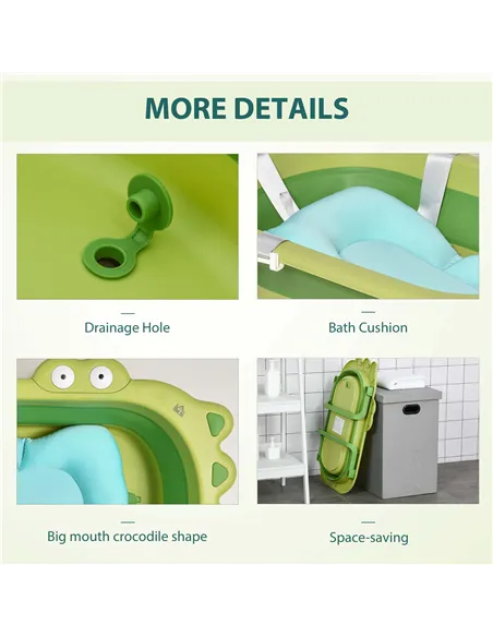 HOMCOM Baby Bath Tub for Toddler Kids Infant Ergonomic Foldable Secure Non-Slip Portable with Baby Cushion for 0-3 Years Green