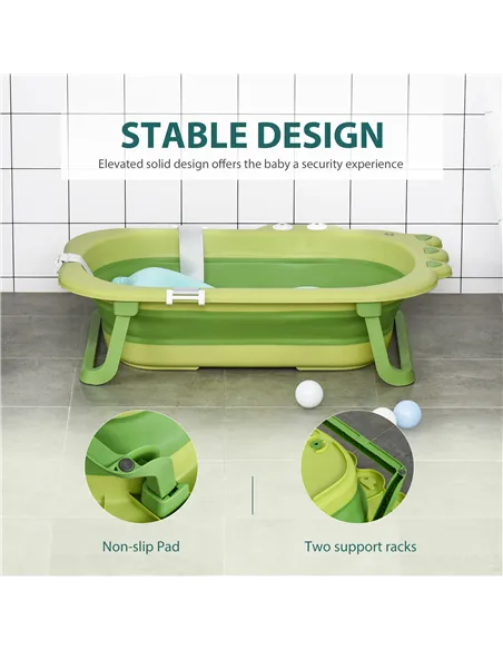 HOMCOM Baby Bath Tub for Toddler Kids Infant Ergonomic Foldable Secure Non-Slip Portable with Baby Cushion for 0-3 Years Green