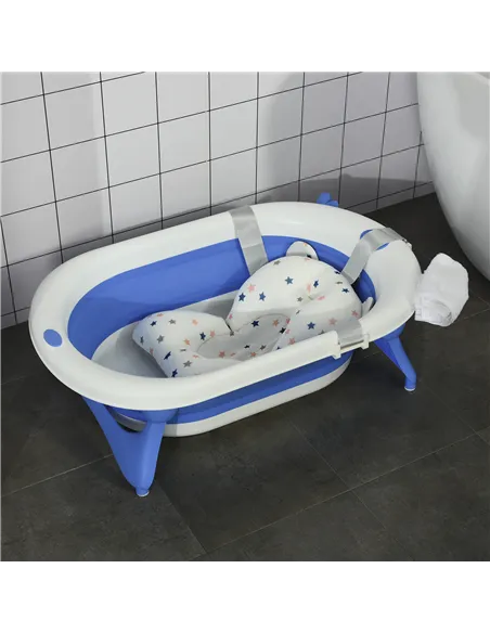 HOMCOM Foldable Baby Bathtub Set, Collapsible Bath Tub with Thermostatic Water Plug, Non-Slip Support, Cushion Pad, Drain Plugs,