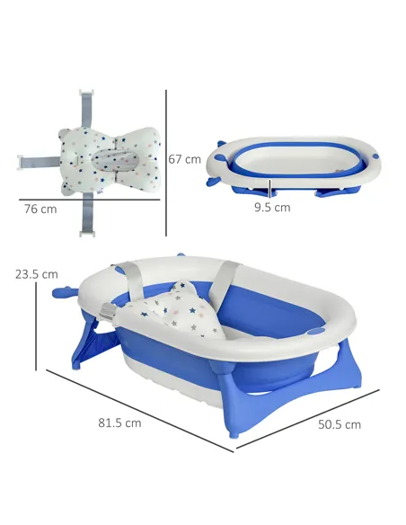 HOMCOM Foldable Baby Bathtub Set, Collapsible Bath Tub with Thermostatic Water Plug, Non-Slip Support, Cushion Pad, Drain Plugs,