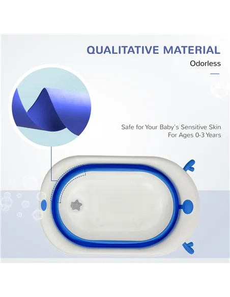 HOMCOM Foldable Baby Bathtub Set, Collapsible Bath Tub with Thermostatic Water Plug, Non-Slip Support, Cushion Pad, Drain Plugs,