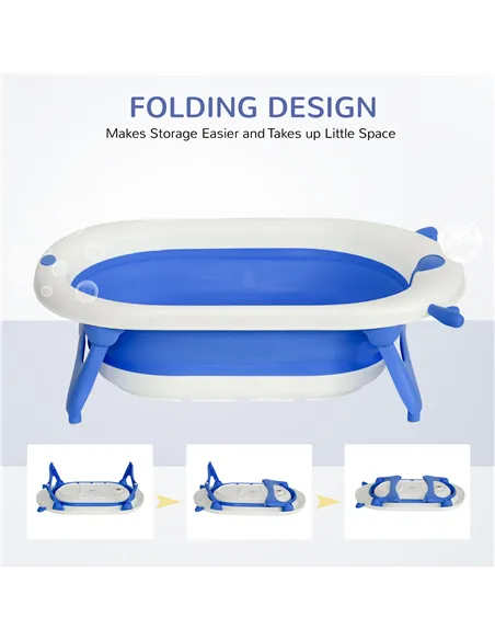 HOMCOM Foldable Baby Bathtub Set, Collapsible Bath Tub with Thermostatic Water Plug, Non-Slip Support, Cushion Pad, Drain Plugs,
