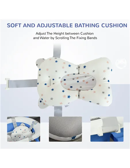 HOMCOM Foldable Baby Bathtub Set, Collapsible Bath Tub with Thermostatic Water Plug, Non-Slip Support, Cushion Pad, Drain Plugs,