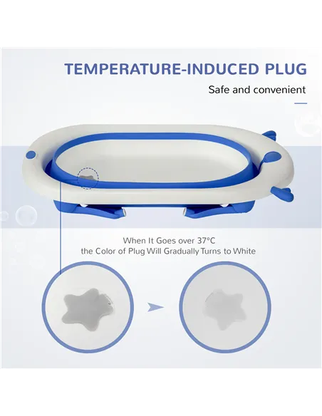 HOMCOM Foldable Baby Bathtub Set, Collapsible Bath Tub with Thermostatic Water Plug, Non-Slip Support, Cushion Pad, Drain Plugs,
