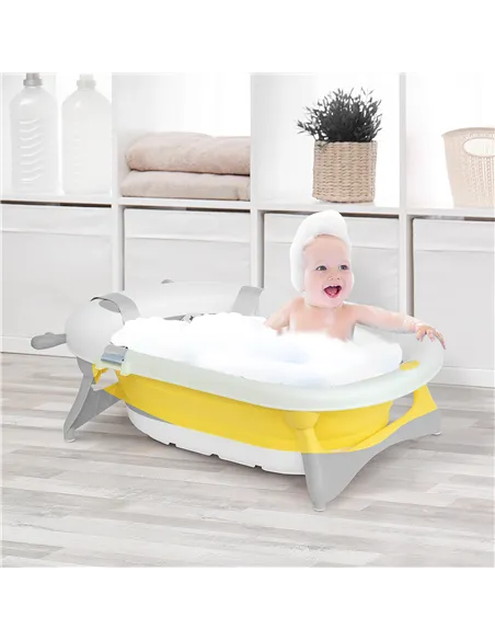 HOMCOM Foldable Baby Bathtub Set, Collapsible Bath Tub with Thermostatic Water Plug, Non-Slip Support, Cushion Pad, Drain Plugs,