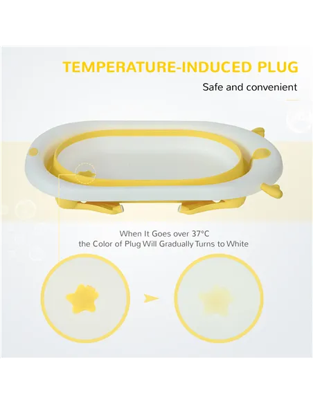 HOMCOM Foldable Baby Bathtub Set, Collapsible Bath Tub with Thermostatic Water Plug, Non-Slip Support, Cushion Pad, Drain Plugs,
