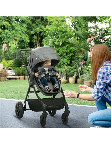 HOMCOM Foldable Baby Stoller, with Reclining Backrest, Adjustable Canopy, for Ages 0-36 Months - Grey
