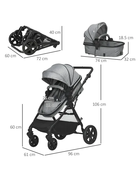 HOMCOM Foldable Baby Stoller, with Reclining Backrest, Adjustable Canopy, for Ages 0-36 Months - Grey