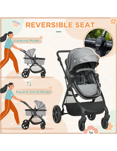 HOMCOM Foldable Baby Stoller, with Reclining Backrest, Adjustable Canopy, for Ages 0-36 Months - Grey