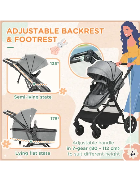 HOMCOM Foldable Baby Stoller, with Reclining Backrest, Adjustable Canopy, for Ages 0-36 Months - Grey