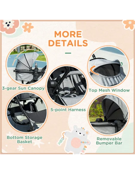 HOMCOM Foldable Baby Stoller, with Reclining Backrest, Adjustable Canopy, for Ages 0-36 Months - Grey