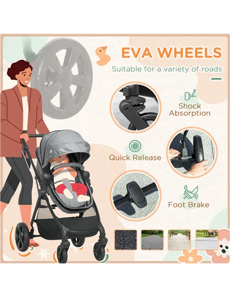 HOMCOM Foldable Baby Stoller, with Reclining Backrest, Adjustable Canopy, for Ages 0-36 Months - Grey