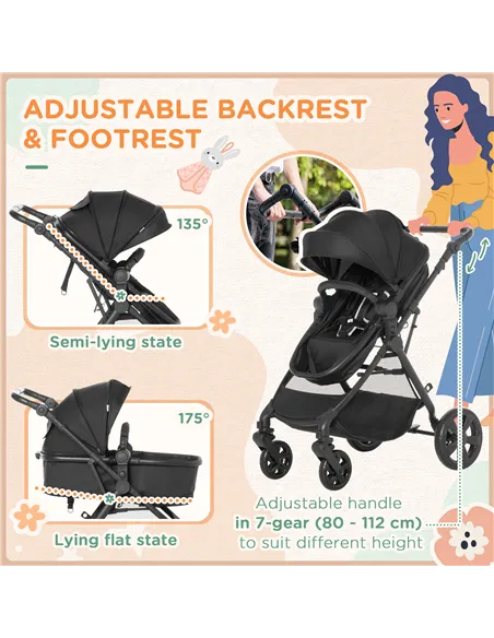 HOMCOM Foldable Baby Stoller, with Reclining Backrest, Adjustable Canopy, for Ages 0-36 Months - Black